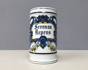 vintage pot d'apothicaire Serenoa Repens sur porcelaine de Limoges blanche jaune bleu noir design