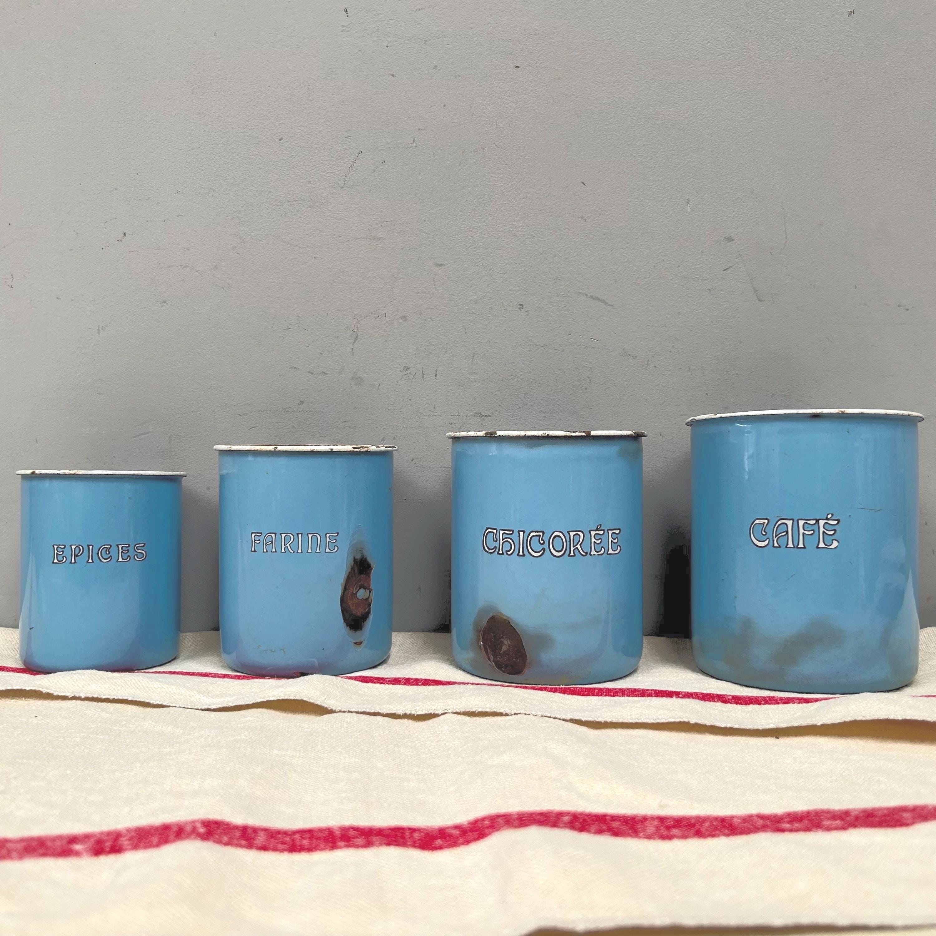 Set of 4 very shabby vintage French Belgian sky blue enamel storage canisters jars without lids chippy enamelware white lettering decoration