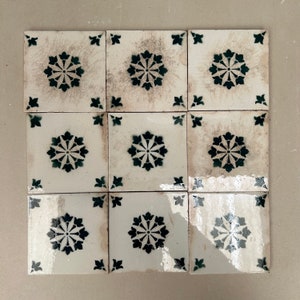 9 Antique French Saint Amand Hamage Nord Ceramic Tiles Dark Green and Off White stencil design Grade “C”