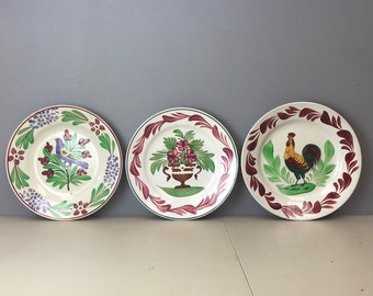 Set of 3 Antique French Opaque de Sarreguemines and Choisy Le Roi plates bird flowers cockerel rooster hand ironstone terre de fer