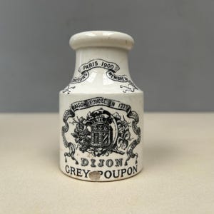 Digoin Sarreguemines antique DIJON GREY-POUPON French white glazed mustard pot jar in cool off White Stoneware kitchen utensil gray grey
