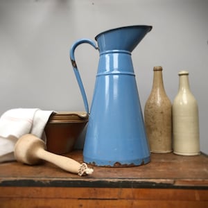 Beautiful extra large vintage French Enamel Water Pitcher Jug. Mid dusky blue with petrol blue detail tall body pitcher