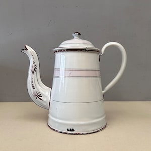 Rare design Vintage French Checked Pink white Gold Red Enamel Coffee Water Pitcher Jug.