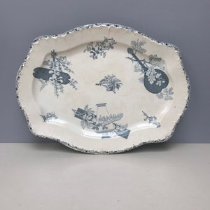 Large Antique French Choisy Le Roi Platter Plate indigo blue Ironstone Transferware Vintage flowers 1800s Terre de fer