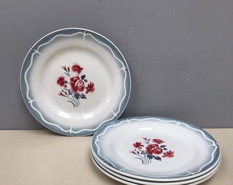 Ensemble de 4 Français DIGOIN SARREGUEMINES Rose Plates, plus disponible ! Nina Rose Design en rouge profond et gris. Bols assortis disponibles