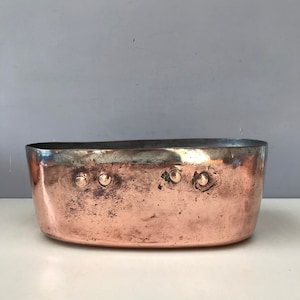 Ancient French Copper Cooking Pot. Daubiere Perfect for Jardiniere Planter Battered and shabby antique cooking pan initialed MT