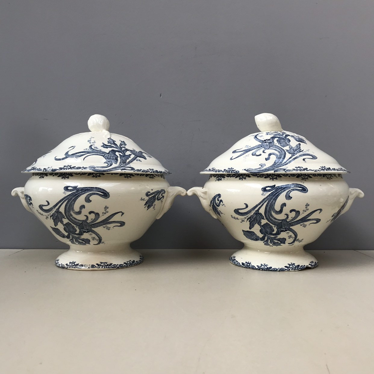 Paire de Shabby Large Antique Lg Iris Français Ironstone Tureen Soupiere. Soupe Dish Jardiniere Plan