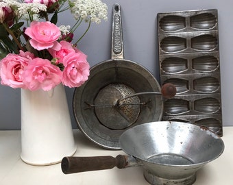 INSTANT COLLECTION for vintage French kitchen moulin legumes, drainer sieve and madeleine mould cake tin metal shabby decor