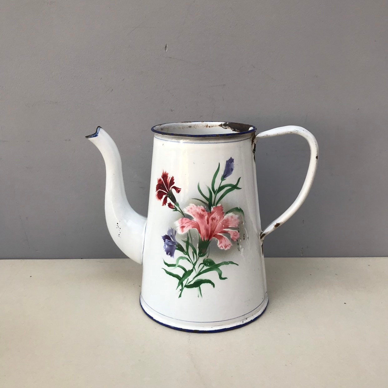 Vintage Français Floral Enamel Body Pitcher Jug Cruche Delightful Blue, White & Émaillée Rose Fleurs