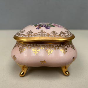 Può includere: Piccola scatola portagioie in porcellana rosa con un motivo floreale sul coperchio. La scatola ha finiture e piedini dorati. Il coperchio è adornato da un motivo floreale colorato e la scatola ha un design delicato e ornato.