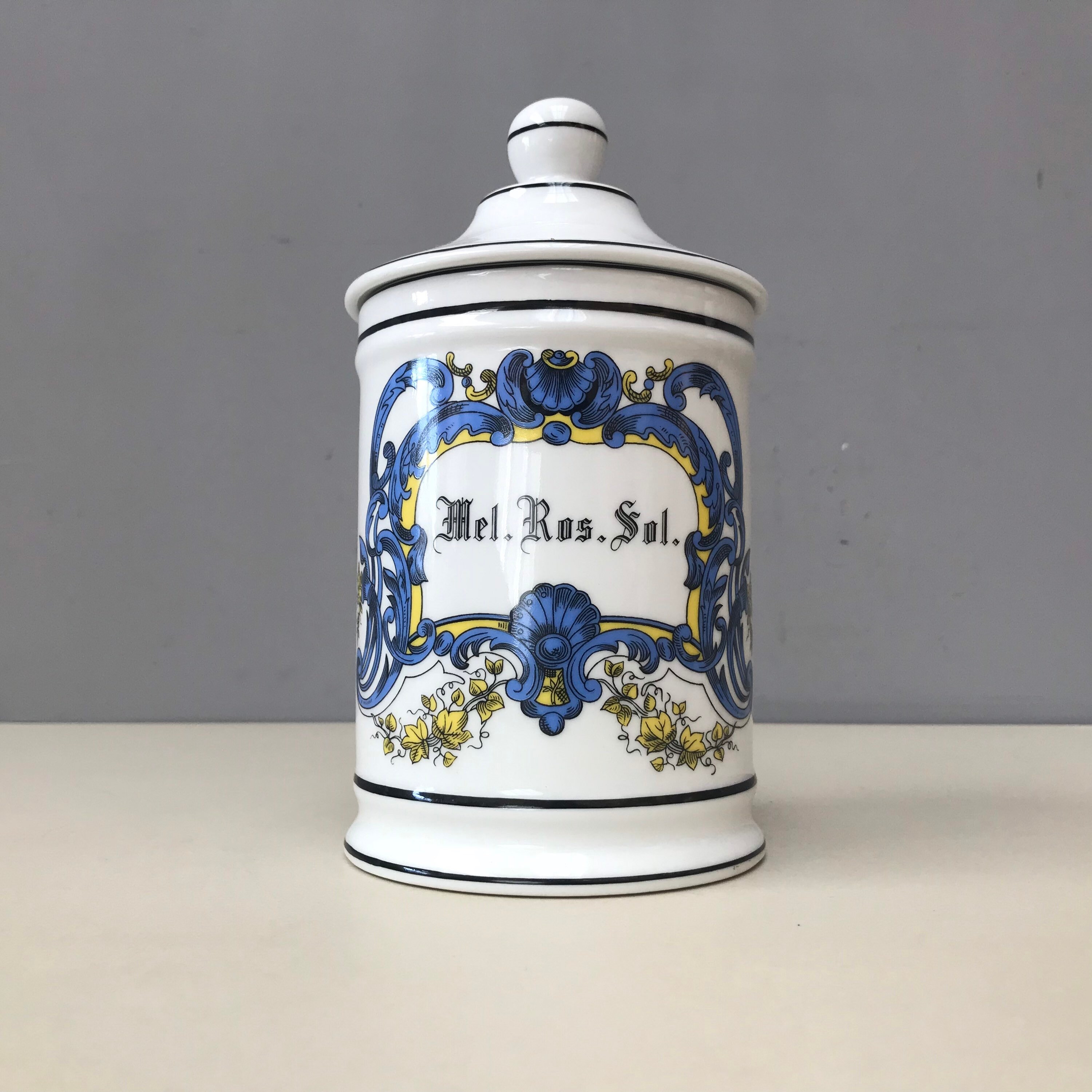 Porcelaine Français Vintage Apothecary Jar Mel. Ros. Sol. Fleurs, Jaunes et Bleues sur Céramique Éma