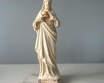 Grande statua in gesso francese vintage Pieraccini da 10 pollici di Gesù Sacro Cuore Sacro Cuore elegante antico shabby chic