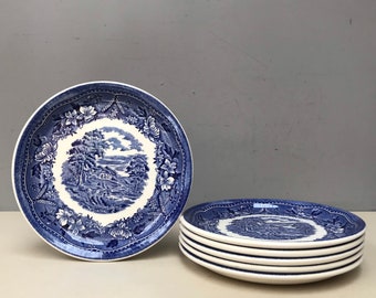 6 Broadhurst Staffordshire England Elizabethan Ironstone blue white desert side Plates Vintage English Dinner Service transferware