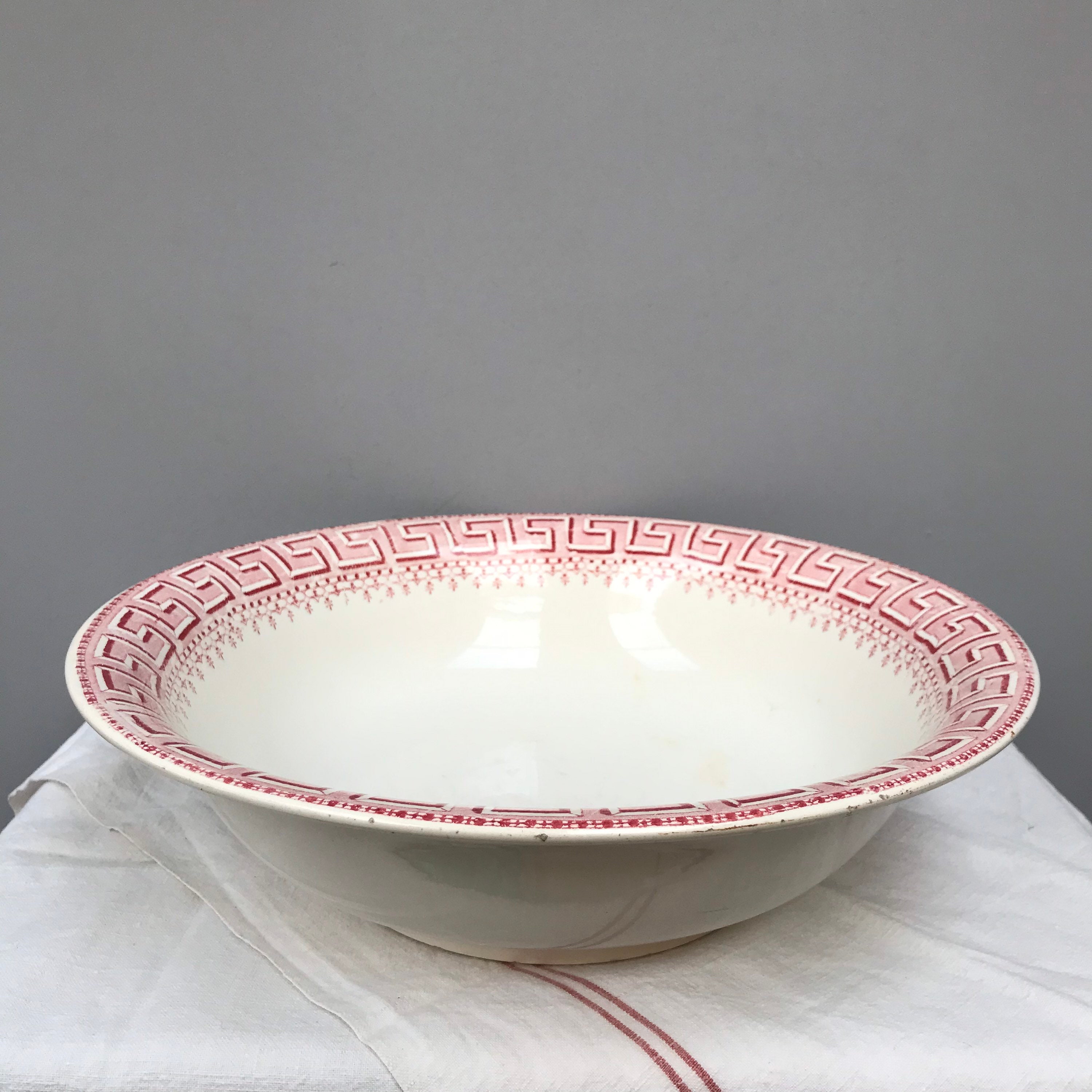 Rare Digoin Sarreguemines Marathon Grand Lavage Bol Vanité Bassin Vintage Français Transfert Blanc R