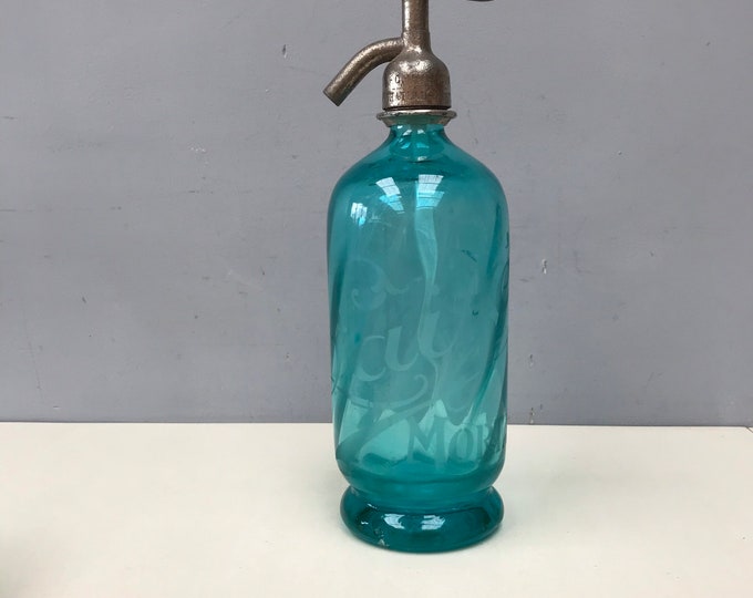 Vintage 1920s French Seltzer Soda Bottle Torsade Twisted Ornate Etched Aqua Blue Green