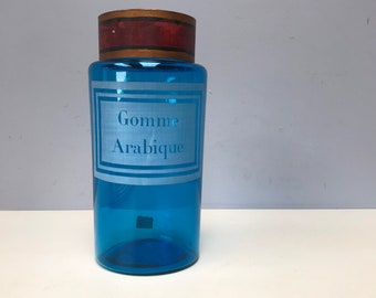 Rare 9” Large Vintage French Blue Glass Apothecary Pharmacy Jar Gomme Arabique