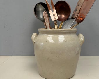 Extra Large Vintage French Glazed Earthenware Pot or Confit Jar in Beige Cream Stoneware kitchen utensil jar