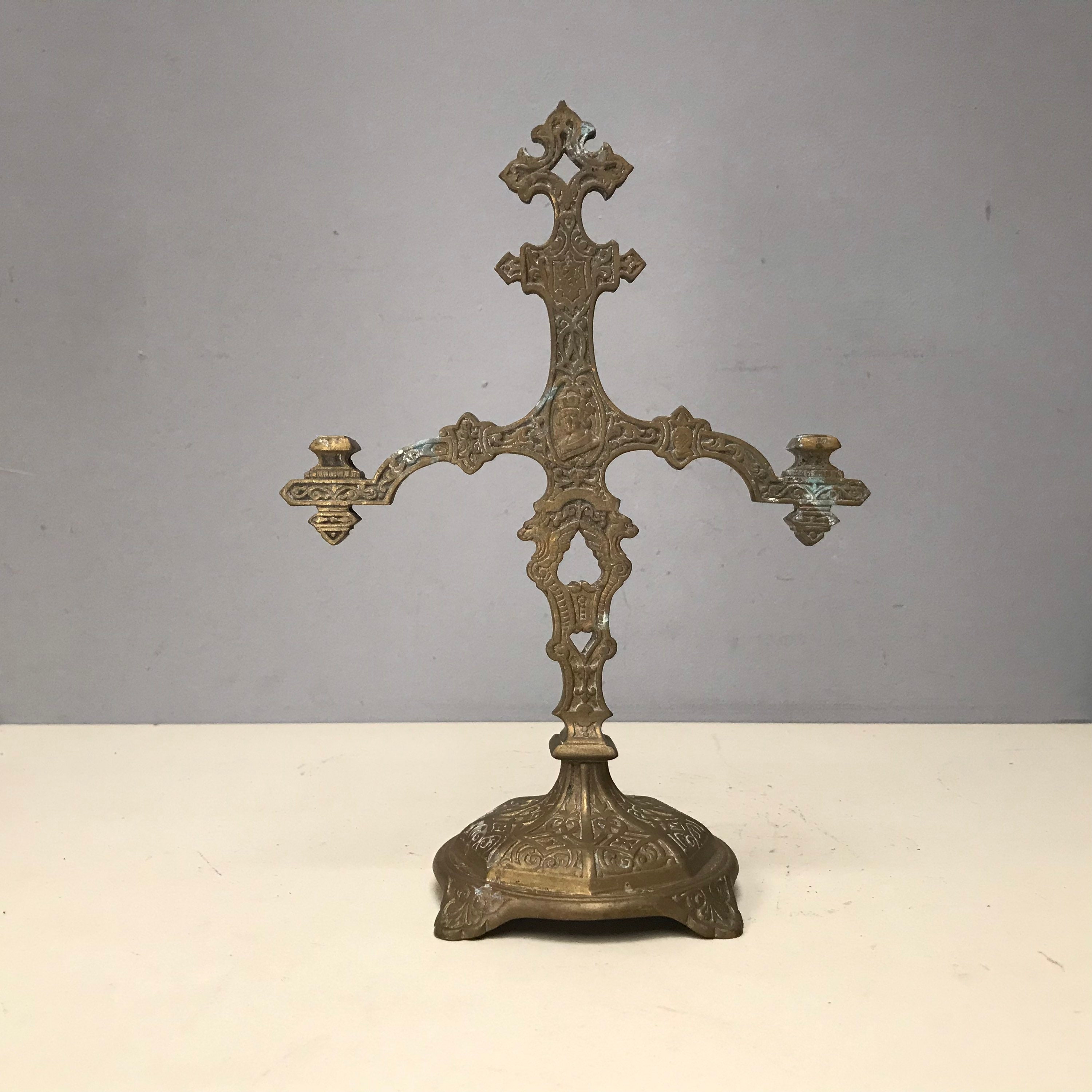 Antique Français Bronze Massif Candélabre Crucifix | Incomplet Bougeoir Détail Orné avec Fleur de Ly