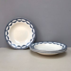Set of 4 Salins Petit Trianon Vintage French Transferware Soup plates bowls shallow dishes. Antique Ironstone Indigo petrol teal Blue
