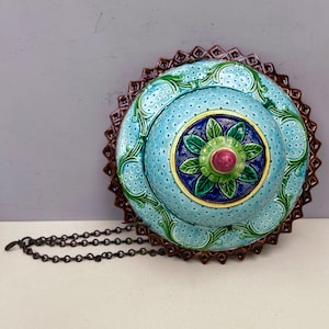 Rare Large Antique Majolica Barbotine Vintage Jardiniere Hanging on chains. Shells Leaves aqua blue green brown - some chips