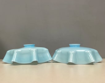 Price for TWO! 2 Pretty Vintage French Frilly Glass Lampshades - pale blue & White Glass with Draped Edge pair of baby powder pastel shades