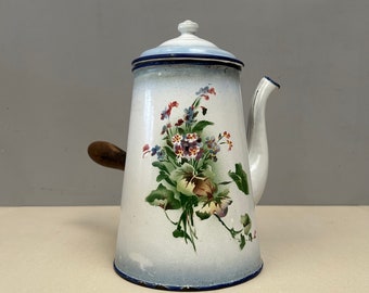 Vintage French Floral Enamel coffee pot Jug Kettle Coffee Pot Delightful Blue white and airbrushed  flowers wooden handle