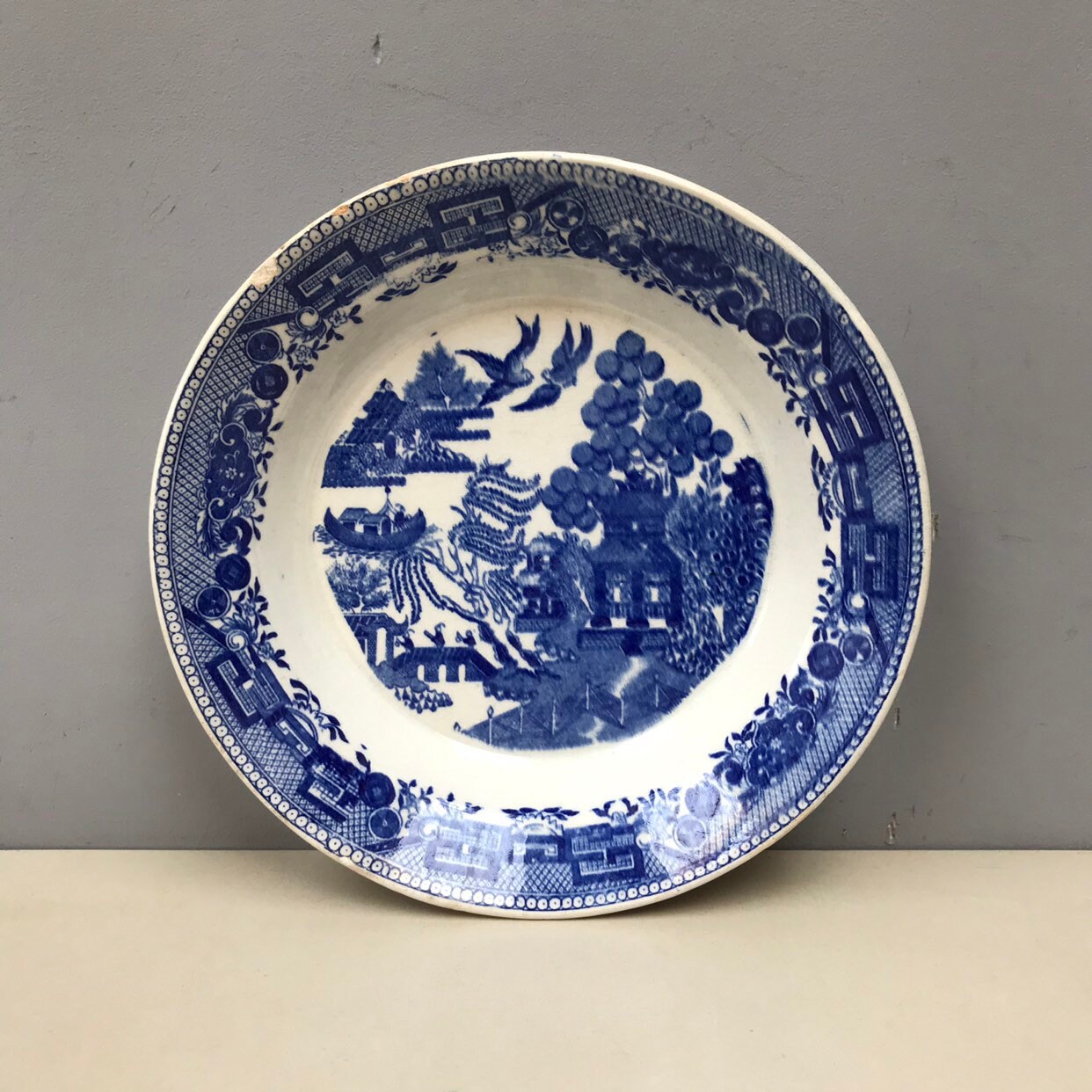 Vintage Blue Transferware Bowl Staffordshire Style Angleterre Willow Pattern Porcelaine de Pierre Fe