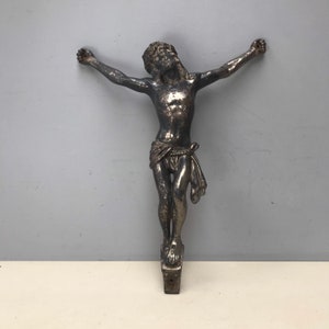 Beautiful Antique French Metal Jesus on Cross Crucifix. Antique Vintage Jesus crown of thorns wall mounted statue.