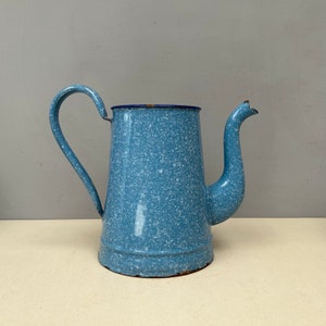 Vintage French dusky light blue speckled white  Enamel Water Pitcher Jug. Good condition
