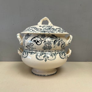 Mini Stack of 2 Antique French Ironstone Transferware Tureens Nesting soupieres. HBCM  Hyppolyte Boulenger Creil Montereau BOURGEOIS