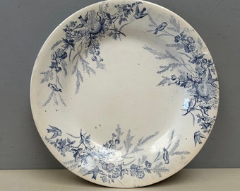 Antique Creil et Montereau Blue Flow Ware Dinner plate birds flowers nests floral design blue white teastained ironstone