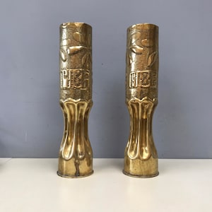 World War Trench Art Pair of Brass Artillery Shell Casing Vases Handmade with flowers Perfect for Remembrance Day 1418 F