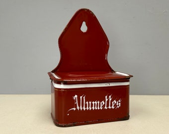 Dark Red Enamel Cute Vintage French Chippy Enamelled Allumettes Matches Storage Box to match Kitchen Canister Enamelware