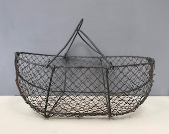 Vintage French Wire Basket with Handles. Trug French hand made mesh panier basket. Beautiful! Apple fruit foraging
