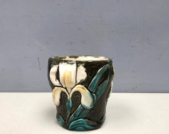 Small vintage  French Majolica plant pot with Iris design. Flowers in cream green and jade. Hand made