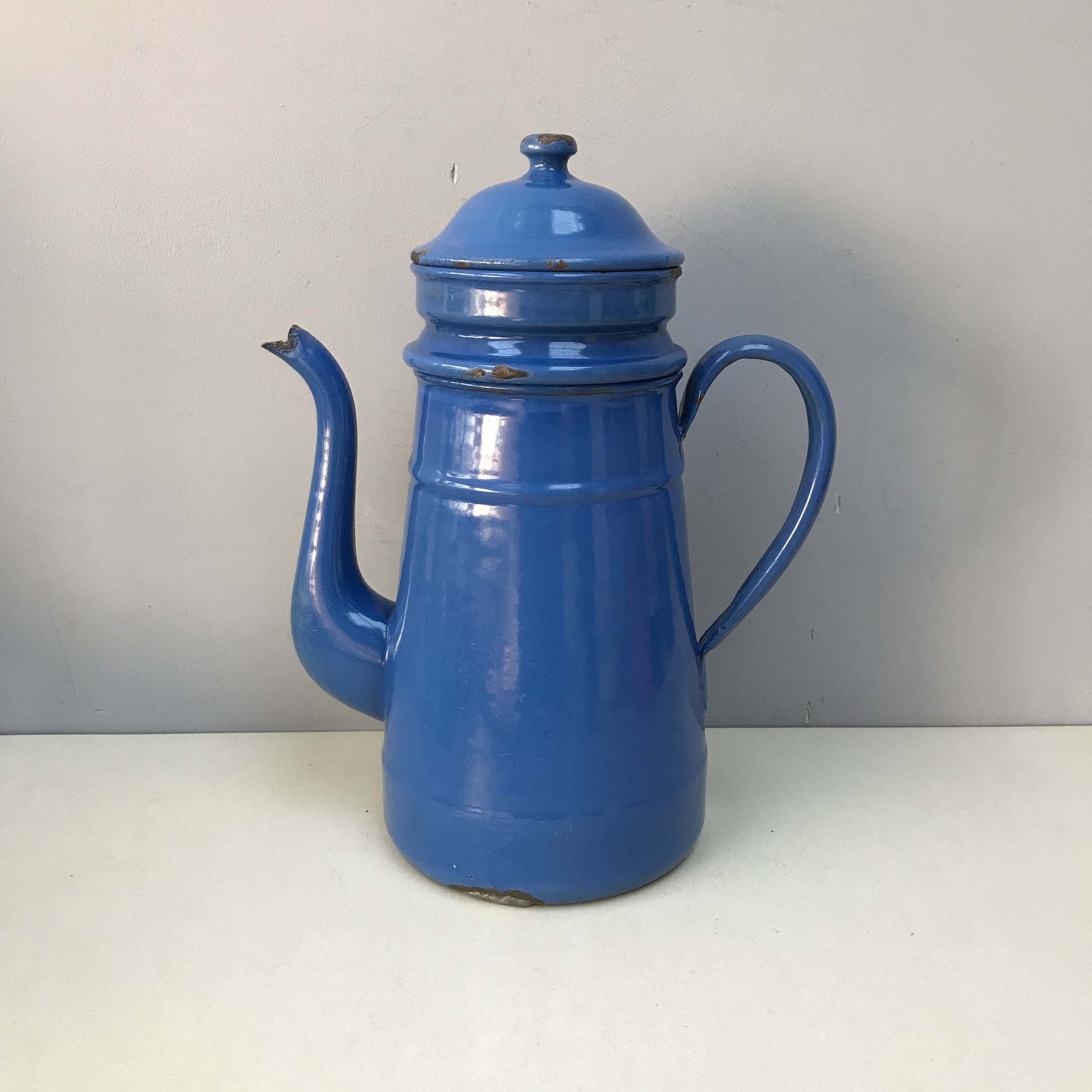 Vintage Français Café en Émail Biggins Pot Cafetière - Bouilloire Cruche Bleu Riche avec Un Soupçon 