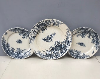 Platter and pair of Antique French Badonviller Roses terre de fer ironstone plates black indigo transferware iron stone flowers