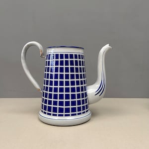 Rare BB Freres Vintage Austrian/Czech French Checked Blue white Enamel Coffee  Water Pitcher Jug.