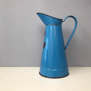 Rare Colour! Vintage French Large Enamel Water Pitcher. Shabby Chic & Chippy Enamelware Vase in Rare Deep Blue Green