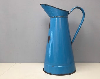Rare Colour! Vintage French Large Enamel Water Pitcher. Shabby Chic & Chippy Enamelware Vase in Rare Deep Blue Green