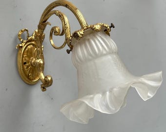 Ornate Vintage French Tulip Glass Wall Light Romantic Sconce - Antique Ornate Gilt Gold Bronze Metal Bow ribbon ormolu