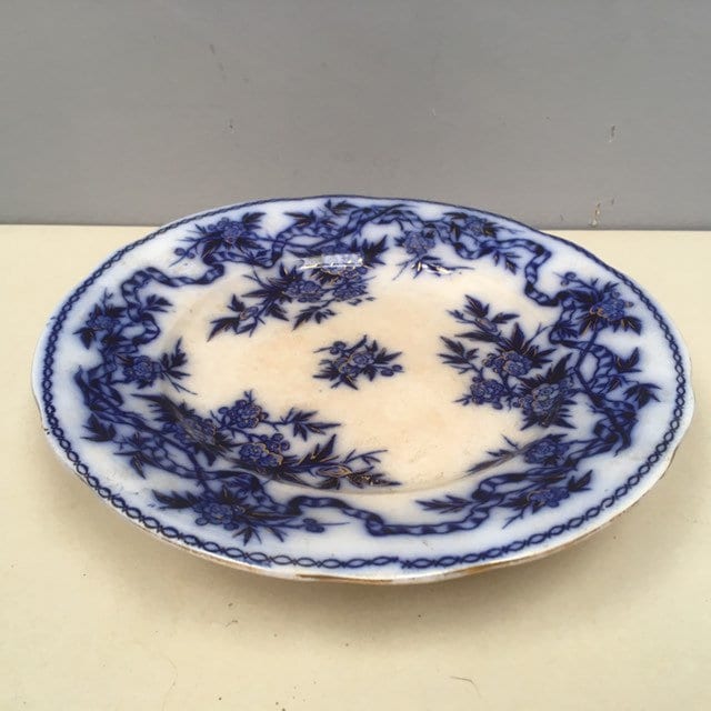 Antique U & C Epine Blue Flow Ware Desert Pedestal Cake Plate Utschneider et Cie 1800S