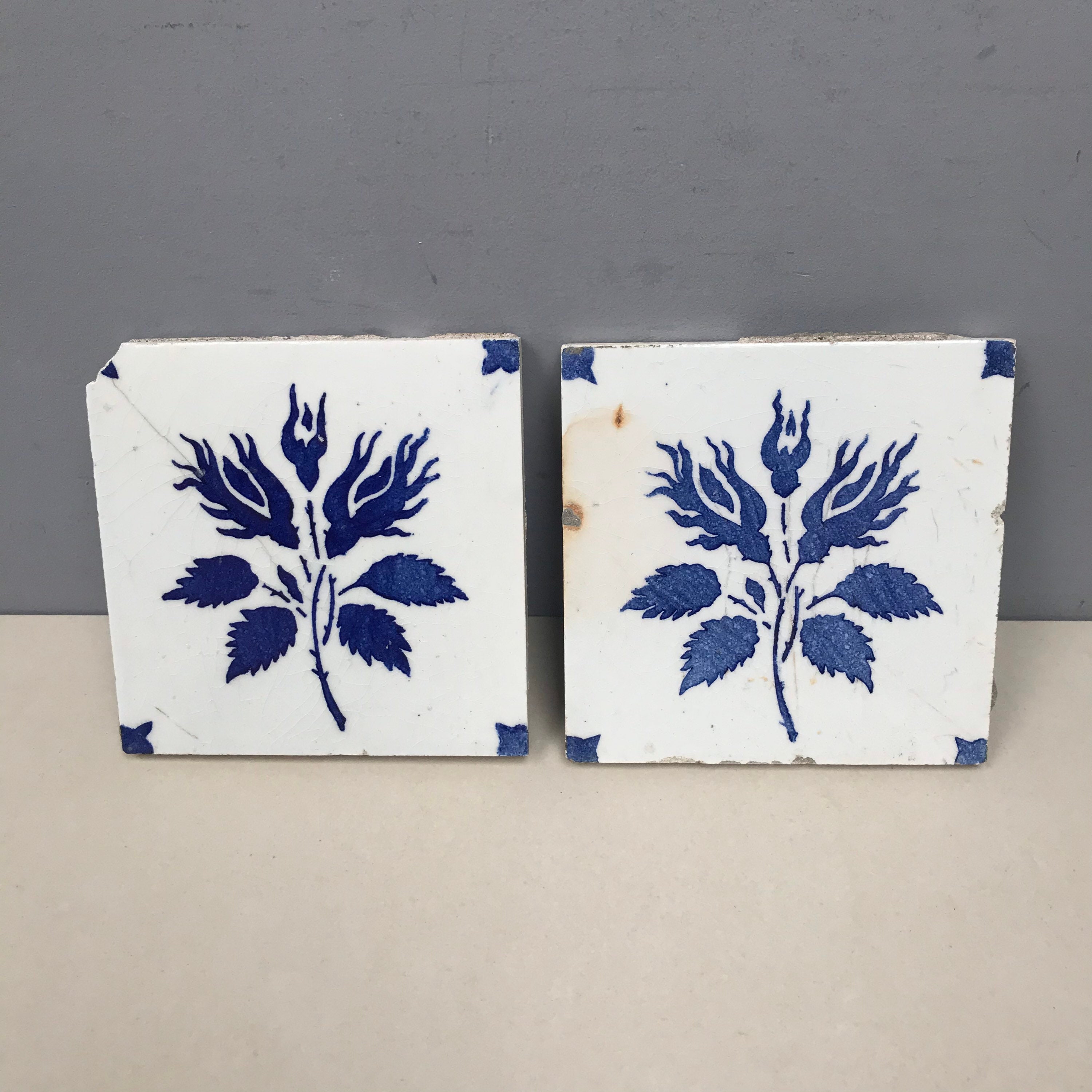 Antique Français Gien Ceramic Tiles Blue & White Leaf Design Grade C
