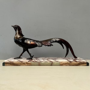 Large 7kg Rare Art Deco Spelter French Statue of Pheasant on Marble Base. Good Condition Original Vintage 20/30s