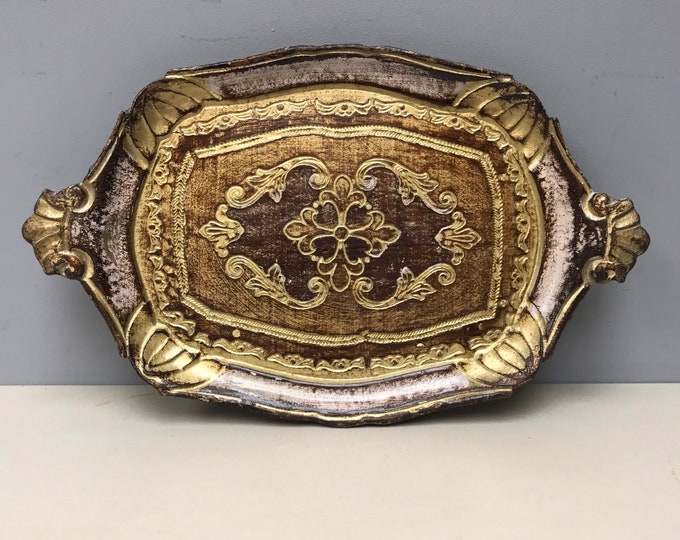 14 Vintage Italian Wooden Tray Ornate Classic Florentine Gold Cream and