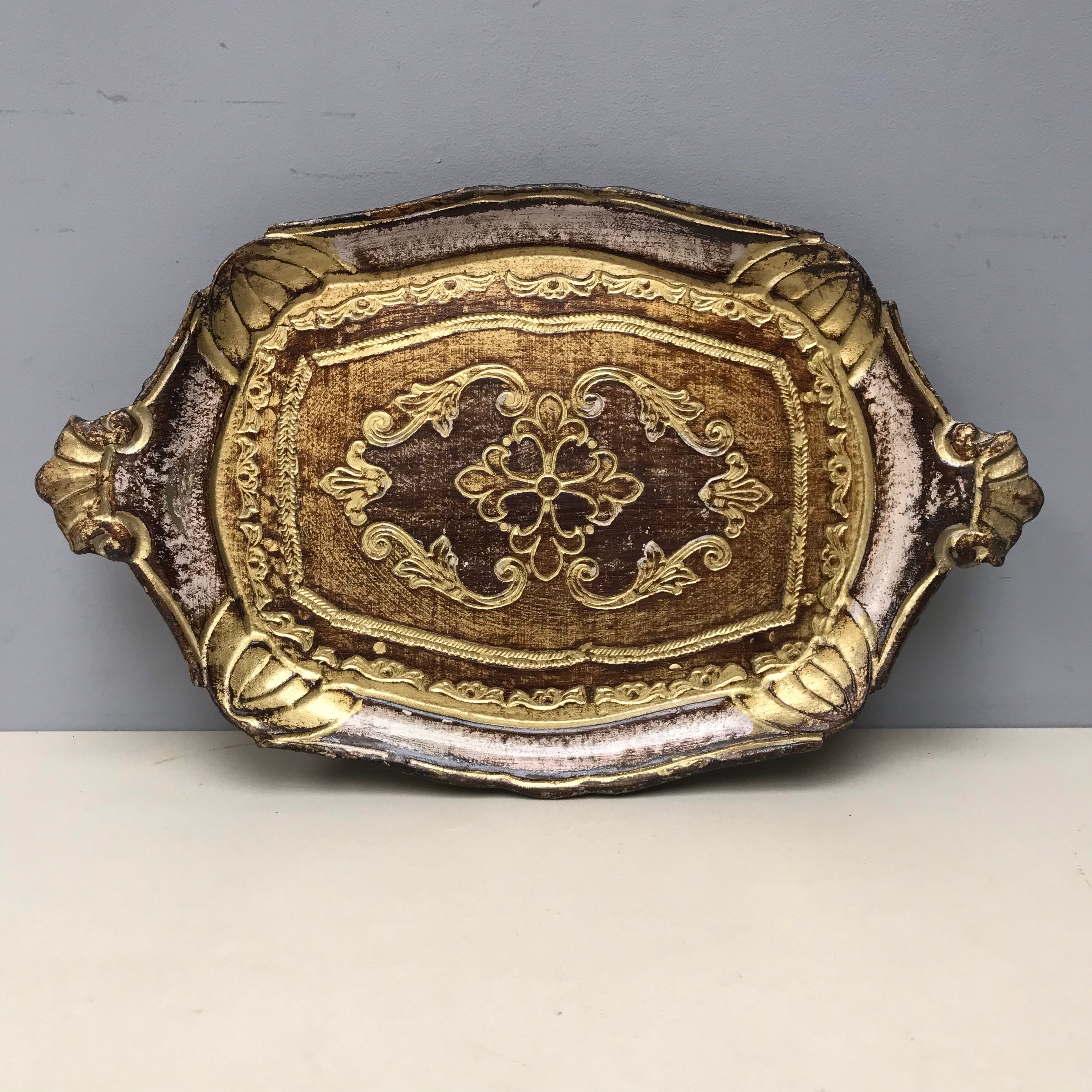 Plateau en Bois Italien Vintage 14 Ornate Classic Florentine Gold Cream et Détail Brun Café