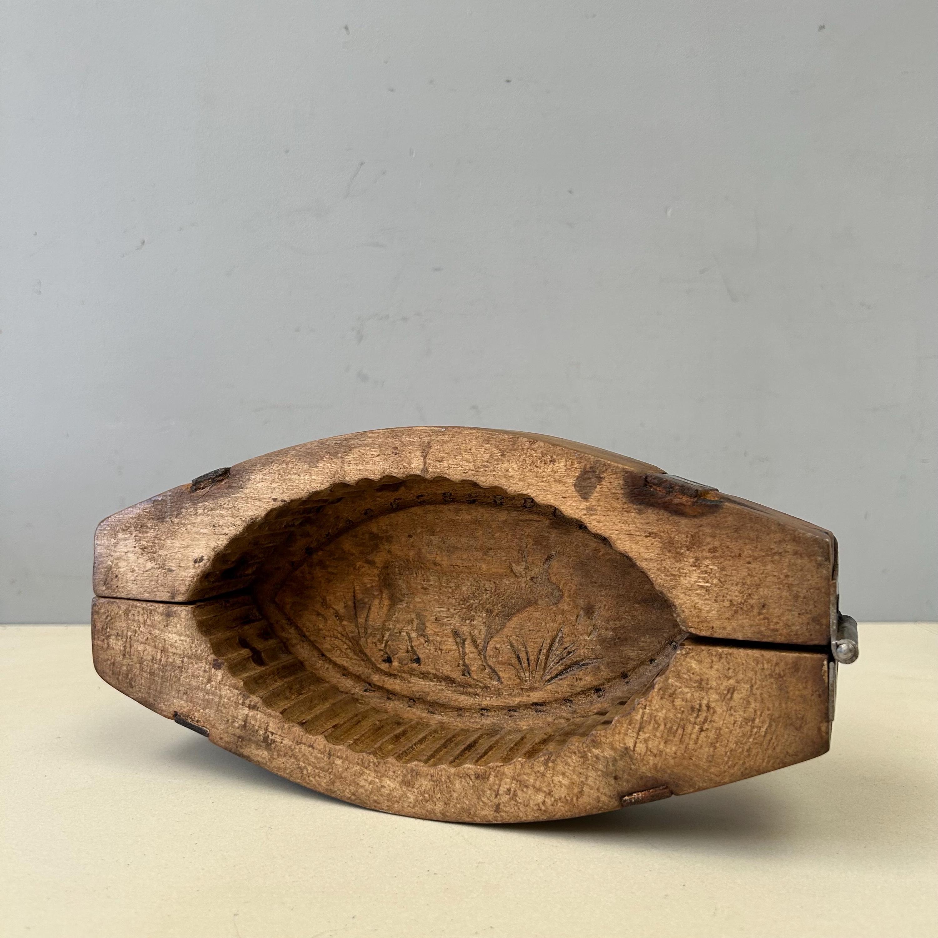 Large Vintage or Antique French Wooden Butter Mold with cow carved by hand. Hand crafted old kitchen utensil for decoration