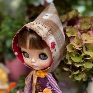 Op de afbeelding: Een pop met blauwe ogen en een bruine geruite kap met paddenstoel- en bloemaccenten. De pop draagt een paars en roze gestreepte jurk met een oranje strik en bloemenborduurwerk. De achtergrond heeft groen en roze gebladerte.