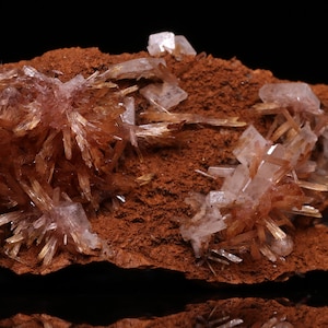 May include: A cluster of pink and orange crystals on a brown rock. The crystals are sharp and pointed, and they are arranged in a random pattern. The rock is rough and textured.