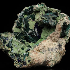 Malachite psm after Azurite, Azurite and Duftite, Tsumeb Mine, Namibia